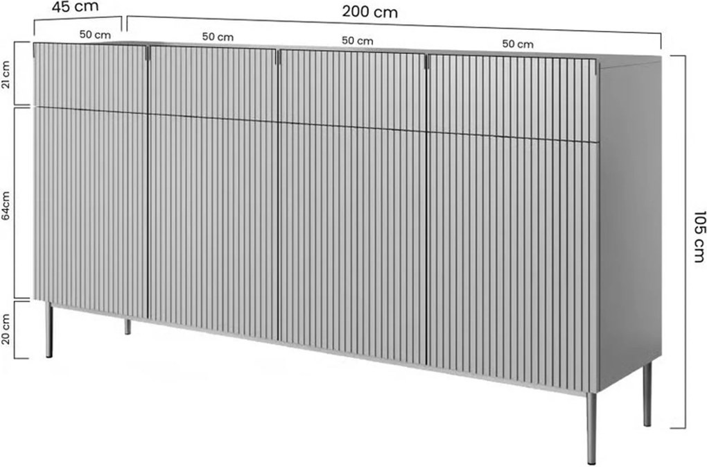 Biela štvordverová komoda Nicole 200 cm so zásuvkami - biela / dub artisan / čierne nohy