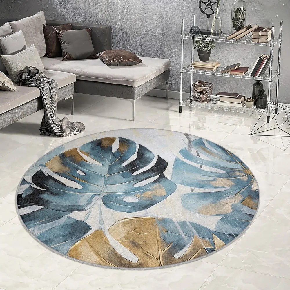 Modrý prateľný okrúhly koberec ø 150 cm Golden Leaves – Mila Home