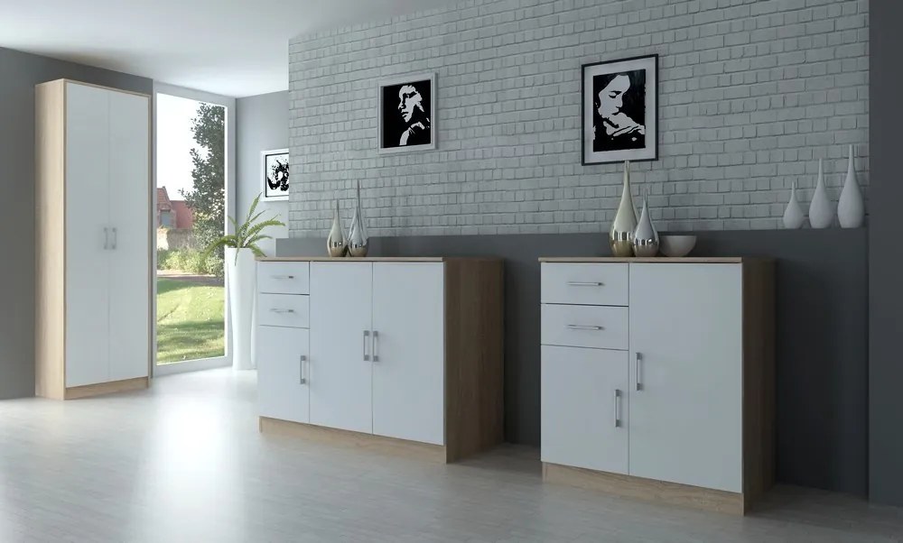 Komoda 3-dverová Universal, dub sonoma/biela