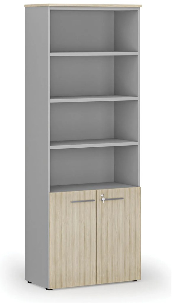 Kombinovaná kancelárska skriňa PRIMO GRAY, dvere na 2 poschodia, 800 x 420 x 2128 mm, sivá/dub prírodný