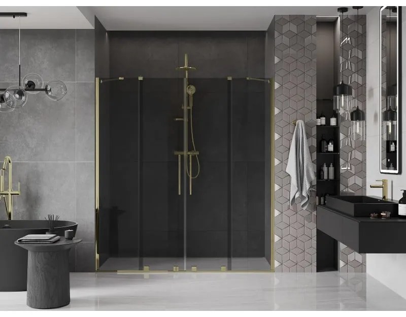 Mexen Velar Duo, posuvné sprchové dvere do otvoru 200 cm, 8mm šedé sklo, zlatá lesklá, 871-200-000-42-50