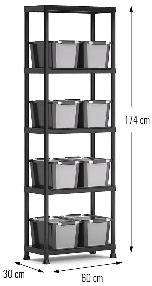 Plastový regál, 5 políc, 174x60x30 cm + 8 plastových boxov S