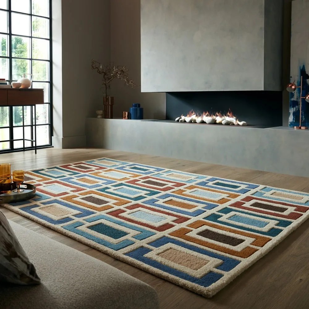 Modro-oranžový ručne tkaný vlnený koberec 120x170 cm Retro Blocks – Flair Rugs