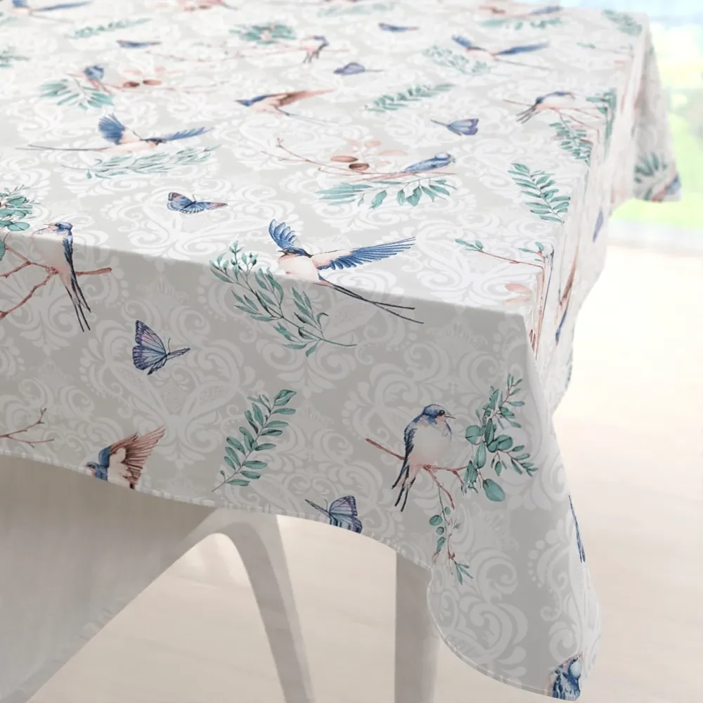 Biante Bavlnený štvorcový obrus Sandra SA-471 Lastovičky s motýlikmi na svetlo sivom ornamente 80x80 cm