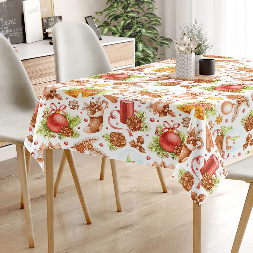 Goldea vianočný hranatý obrus 100% bavlnené plátno - vianočné ozdoby na bielom 120 x 140 cm