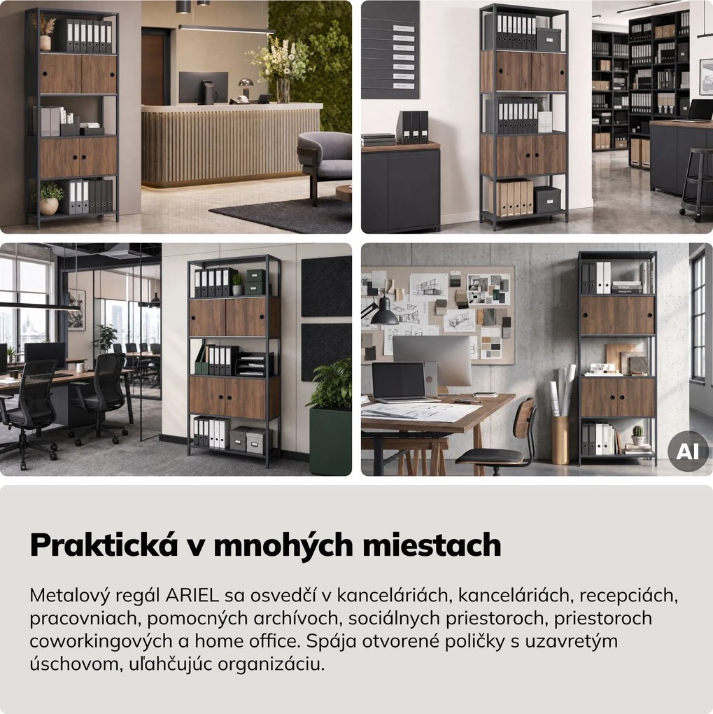 Regál na šanóny s uzamykateľnou skrinkou, kancelársky, otvorené police, kovový antracitový/orech, 800x2200x400 mm: ARIEL Eco Design