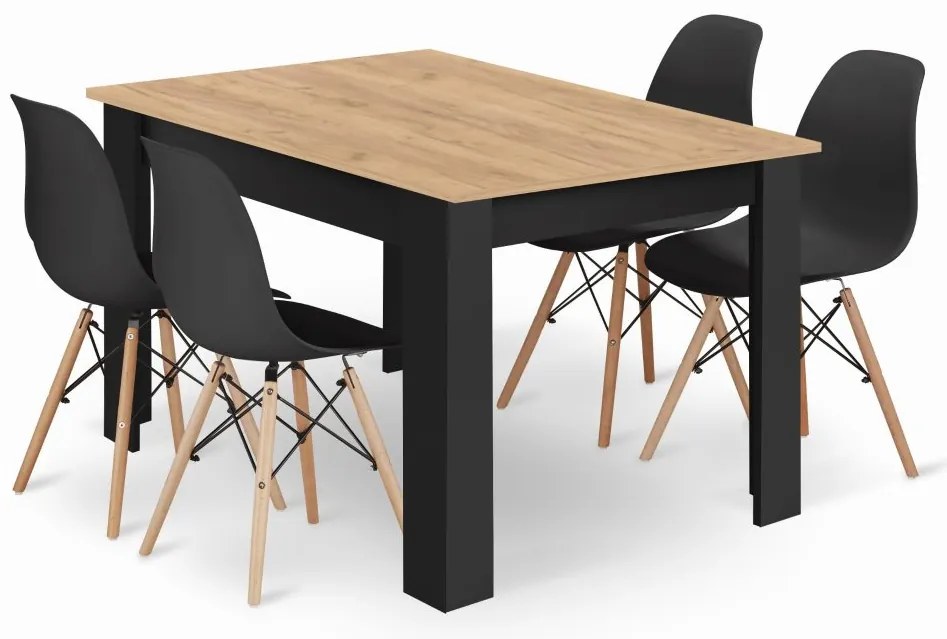 Jedálenská zostava stôl Artisan 120 x 80cm čierne nohy + 4 stoličky OSAKA čierne/ prírodné nohy
