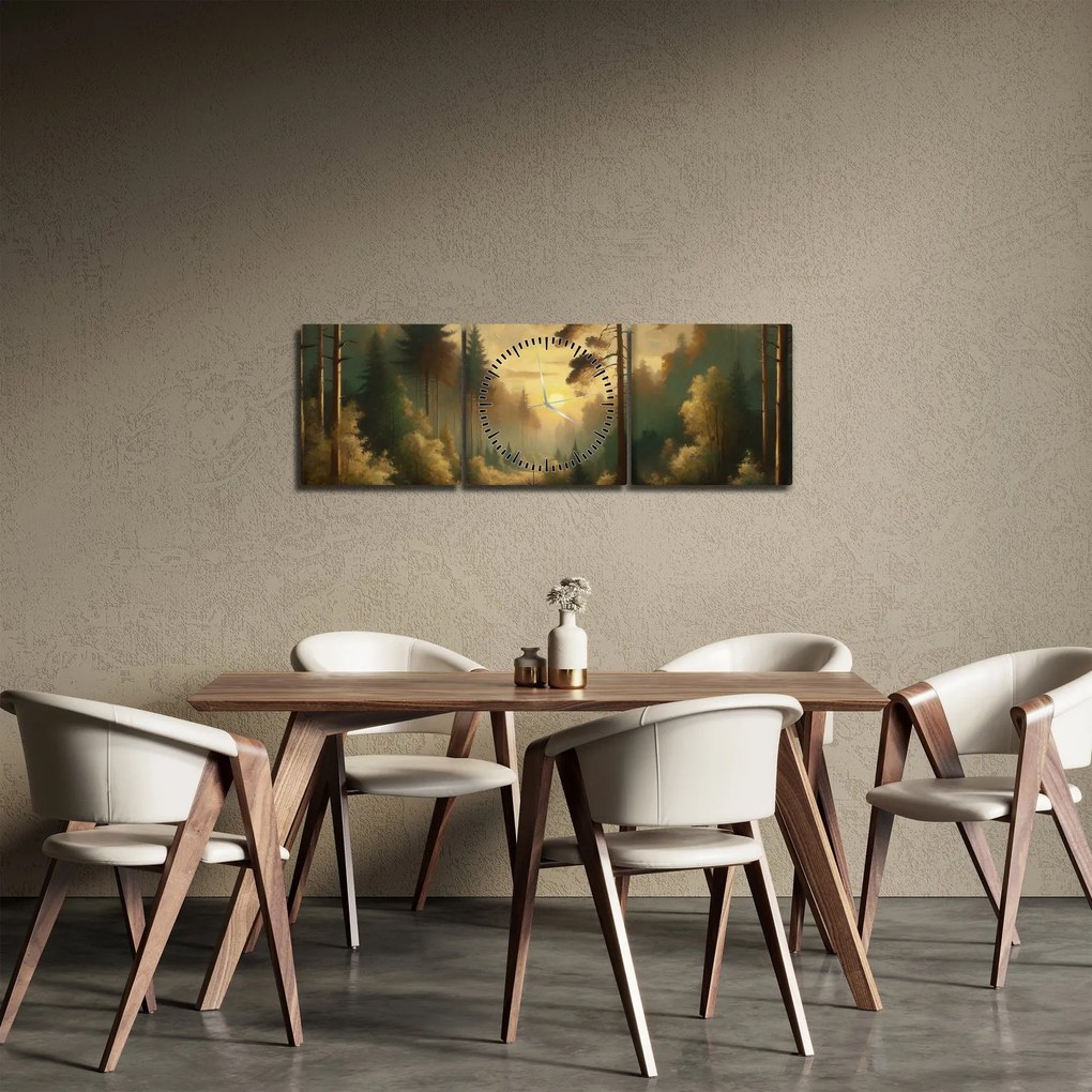 Obraz - Slnko žiariace lesom (s hodinami) (90x30 cm)