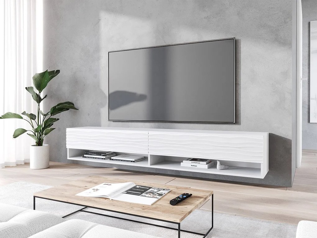 TV stolík/skrinka Adenik 180 MDF, Farby: biela / biela fala, Osvetlenie: osvetlenie LED RGB - farebné