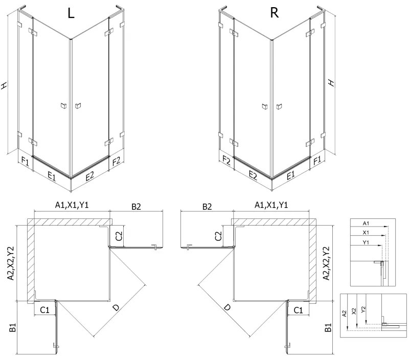 Mexen Lunar, L Duo výklopný sprchový kút 100 x 70 cm, 8mm číre sklo, oceľový profil, 834L-100L-070P-97-00