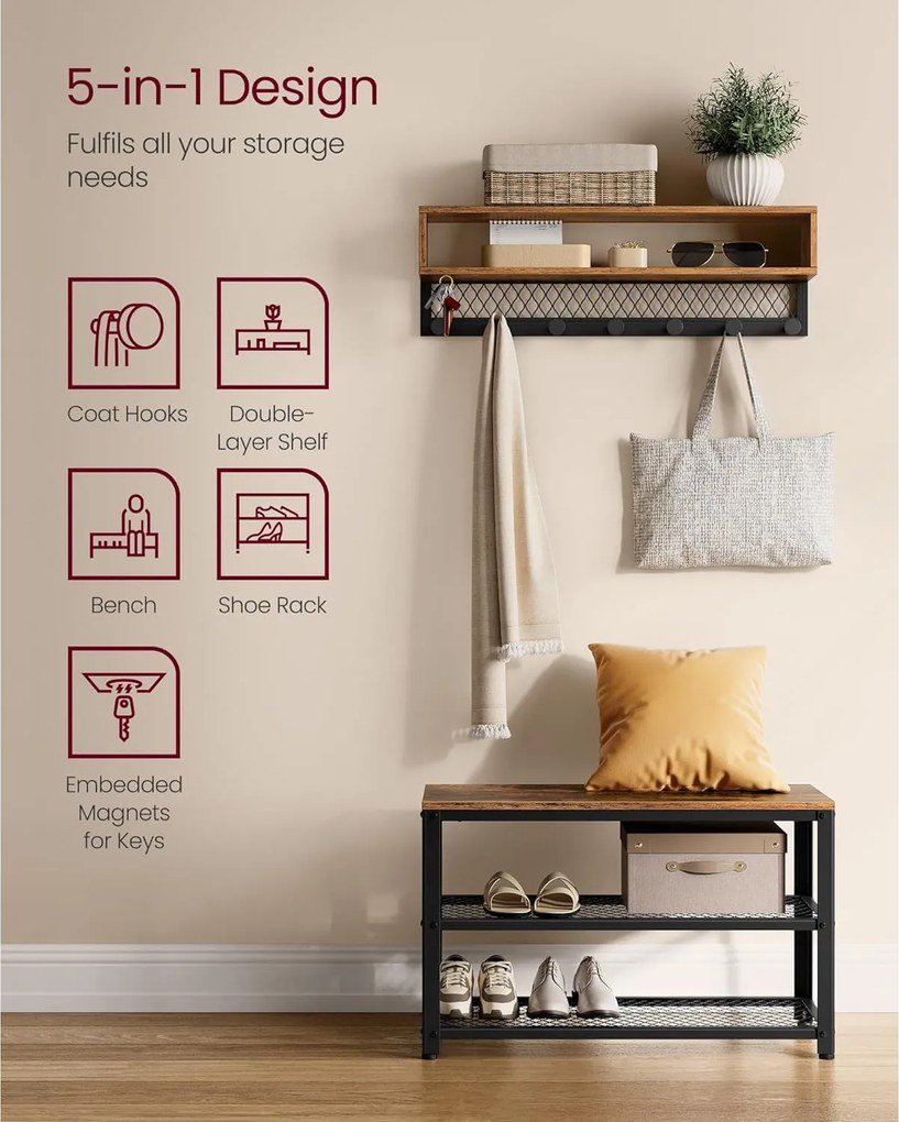 Vešiak a lavička na topánky, 2-úrovňový botník, rustikálny hnedý