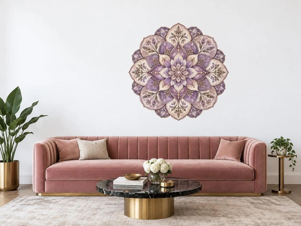 Levanduľová mandala jemná fialová textilná prelepiteľná nálepka na stenu arch 75 x 74 cm