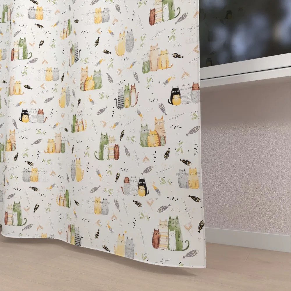 Biante Detský bavlnený záves Sandra SA-652 Mačací svet zeleno-žltý na bielom 150x140 cm