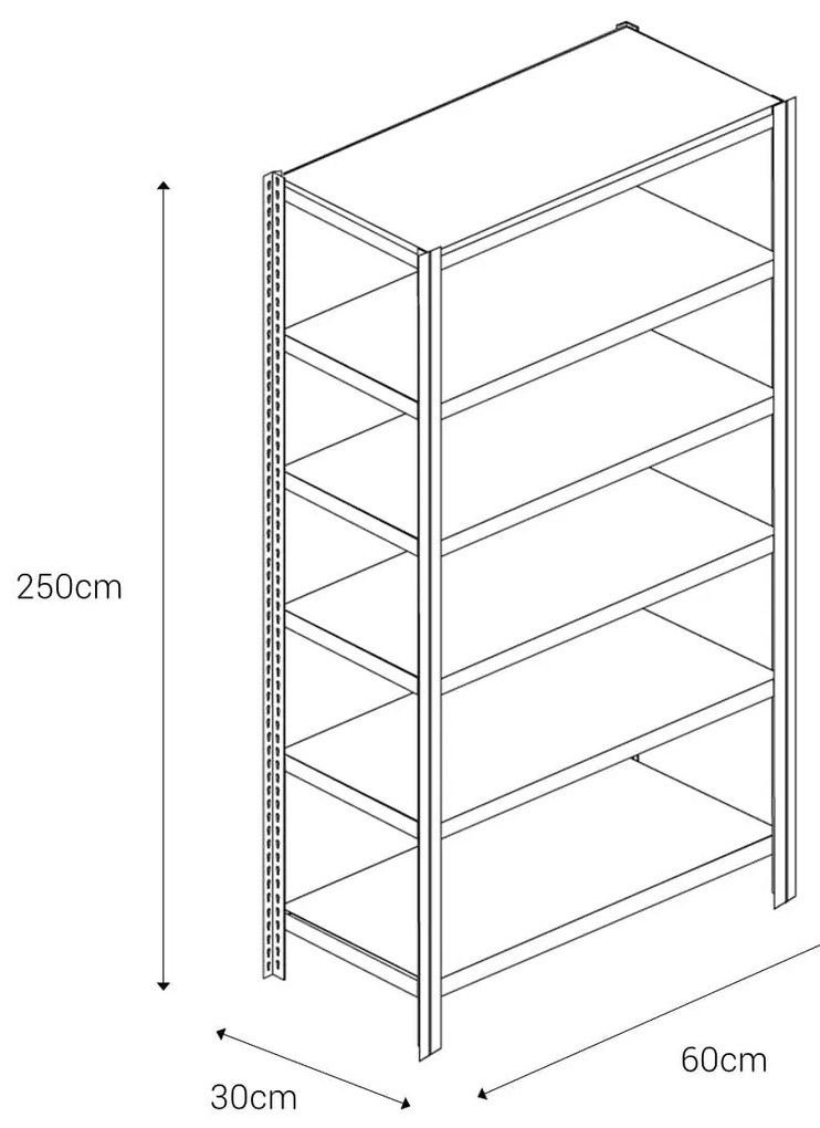 Bezskrutkový kovový regál 250x60x30cm T profil, 6 políc