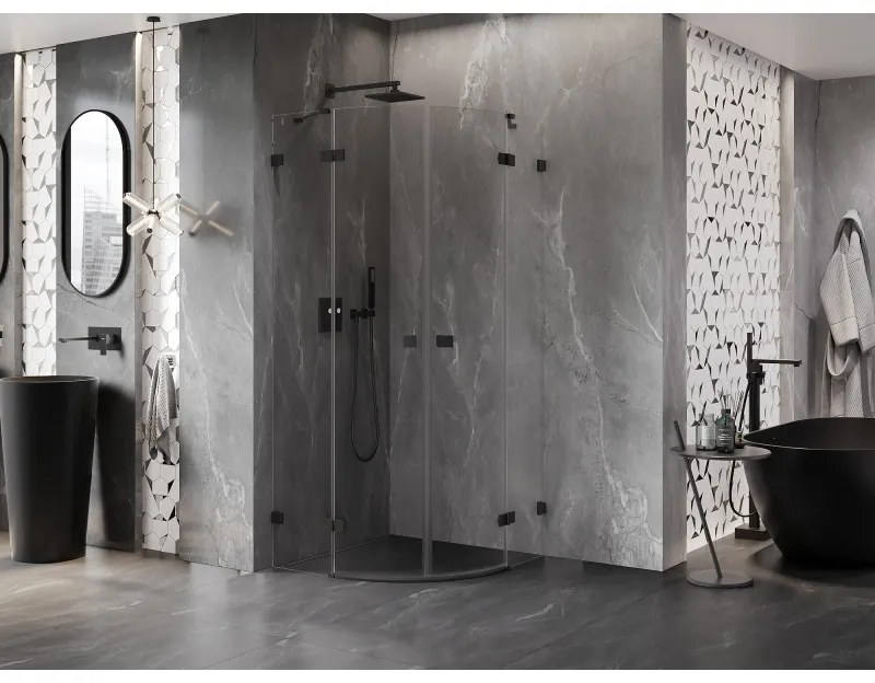 Mexen Lunar, polkruhový výklopný sprchový kút 80 x 80 cm, 8mm číre sklo, čierny profil, 833-080L-080P-70-00