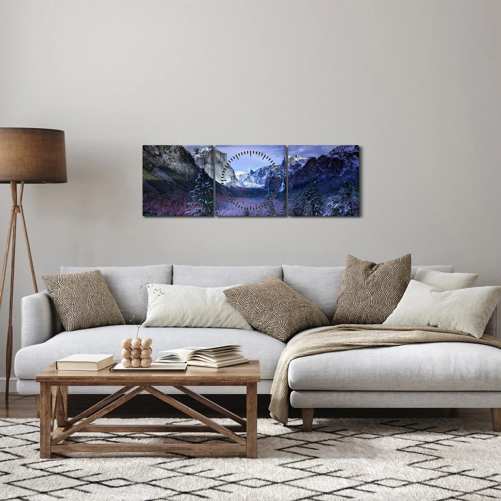 Obraz zimnej horskej krajiny (s hodinami) (90x30 cm)