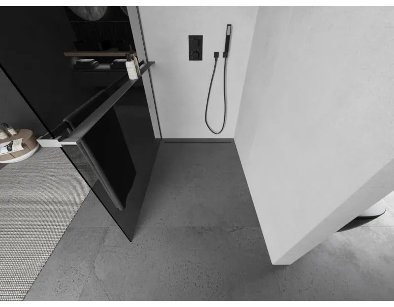 Mexen Kioto+, sprchová zástena Walk-In s poličkou a vešiakom 130 x 200 cm, 8mm šedé sklo, grafitový profil, 800-130-121-95-40