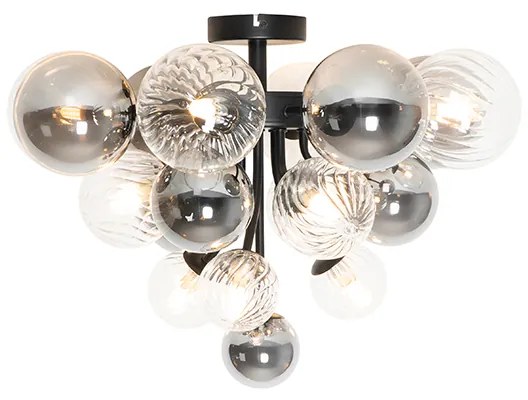 Stropné svietidlo čierne s dymovým a čírym sklom 10-svetlo - Bonnie