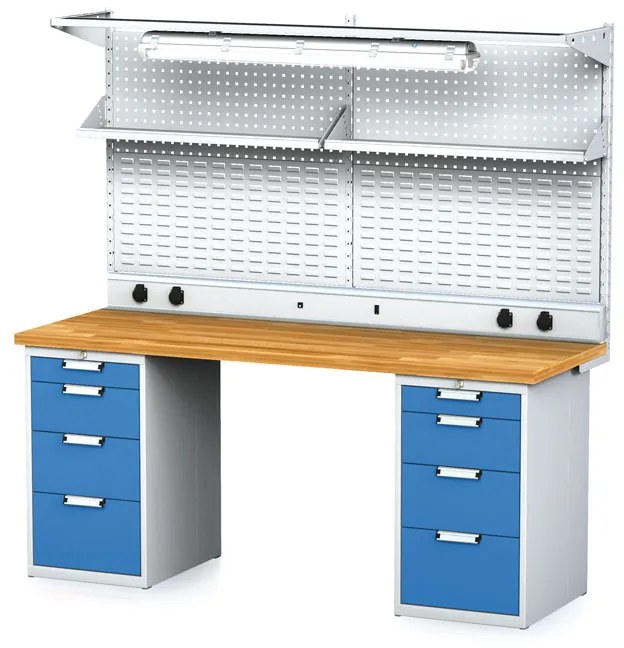 Alfa 3 Dielenský stôl MECHANIC I + 2x závesný box, nadstavba, polica, el. zásuvky a osvetlenie , 8 zásuviek, 2000x685x880 mm, modré dvere