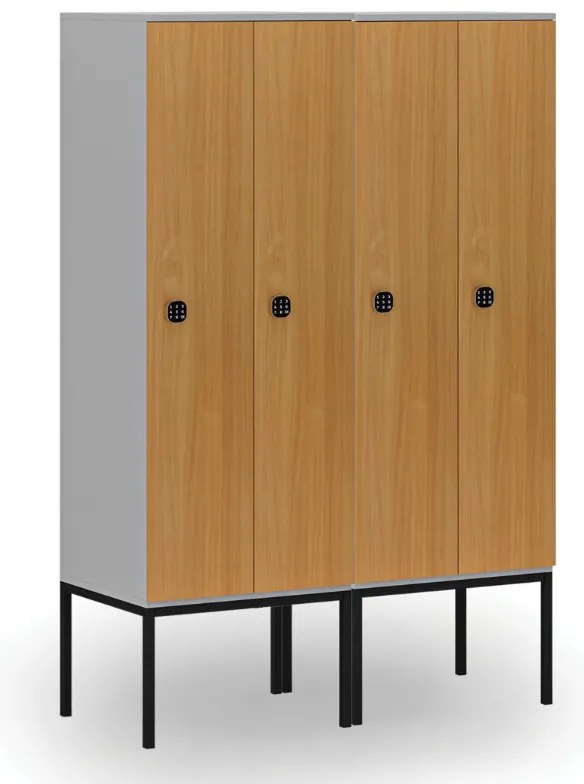 Drevená šatníková skrinka S4 s podnožou, 2 oddiely, 1871 x 600 x 500 mm, demont, kódový zámok, sivá / červená