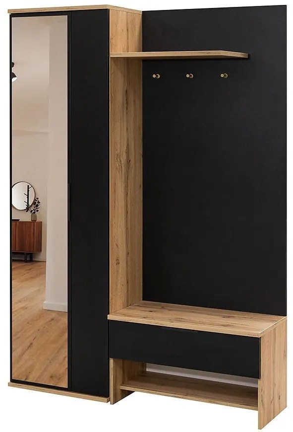 Predsieňový Nábytok Milo 140 dub wotan/čierna/zrkadlo