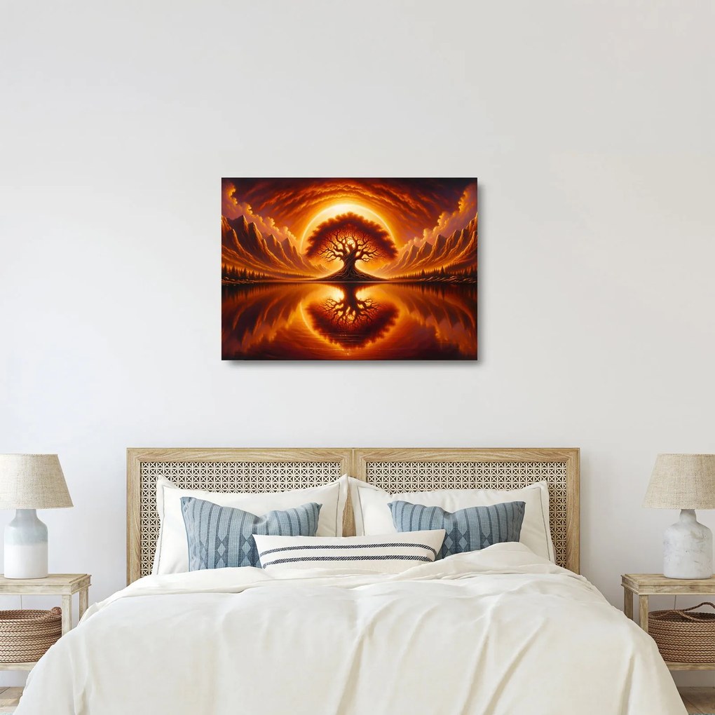 Sklenený obraz – Strom v krvavom slnku (70x50 cm)