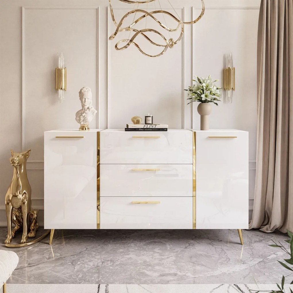 KOMODA SANTINO NA NOŽIČKÁCH BIELY LESK / ZLATÁ 158 cm