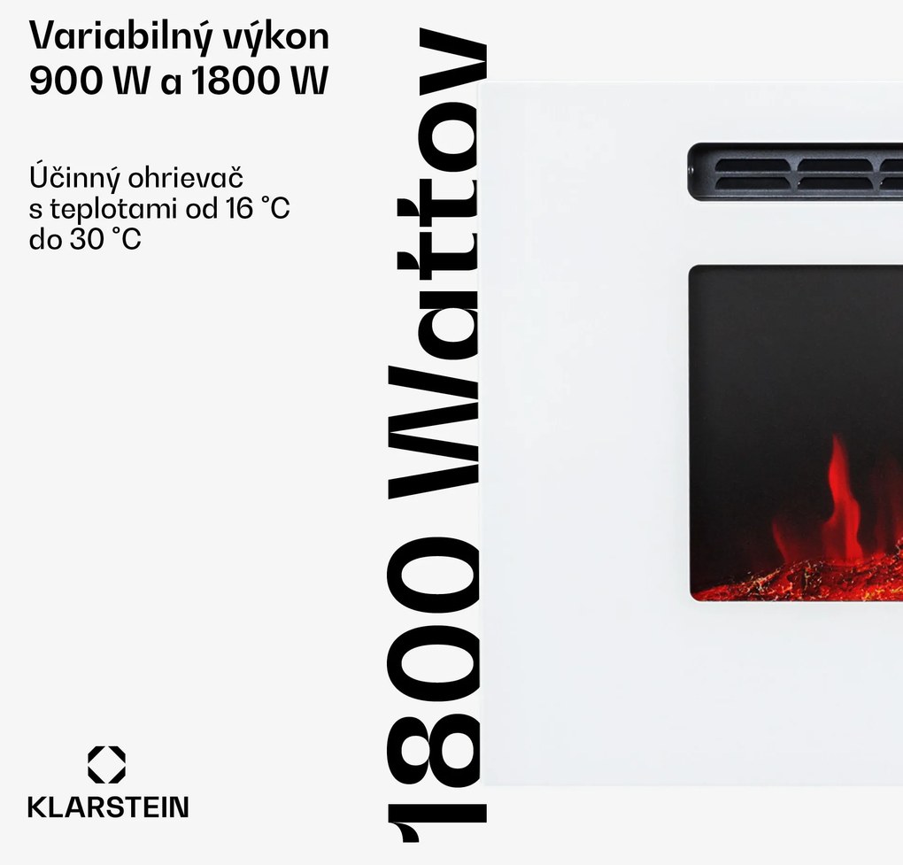 Klarstein Galeras, elektrický nástenný a vstavaný krb, 1800 W, LED, 3 farby, časovač