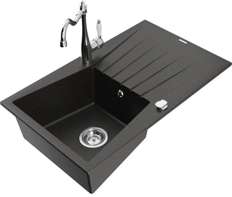 Mexen Cesar, 1-komorový granitový drez 775x470x190 mm a drezová batéria Carla, čierna-zlatá metalíza, 6514-75-670700-00