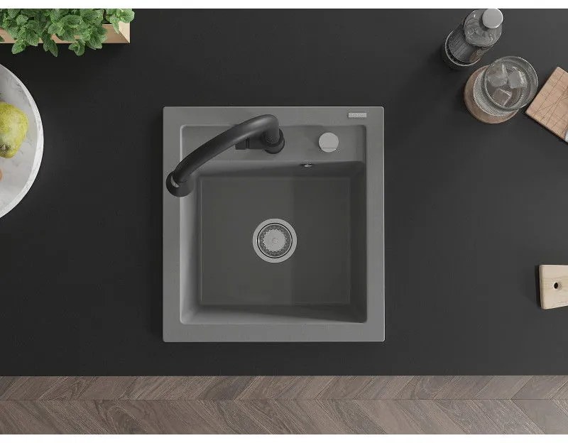 Mexen Vito, 1-komorový granitový drez 490x520x210 mm a drezová batéria Elia, šedá, 6503-71-670101-70