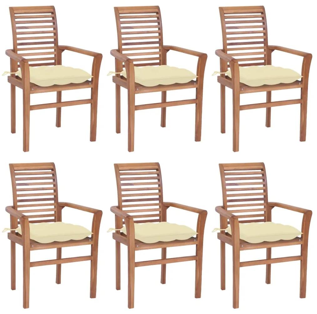vidaXL Jedálenské stoličky 6 ks krémovo-biele podložky tíkový masív