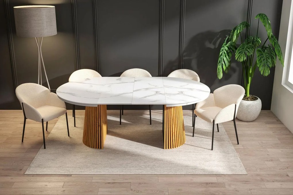 Vintino Jedálenský stôl NEVIO 120–160–200 × 120 cm – biely mramor / dub