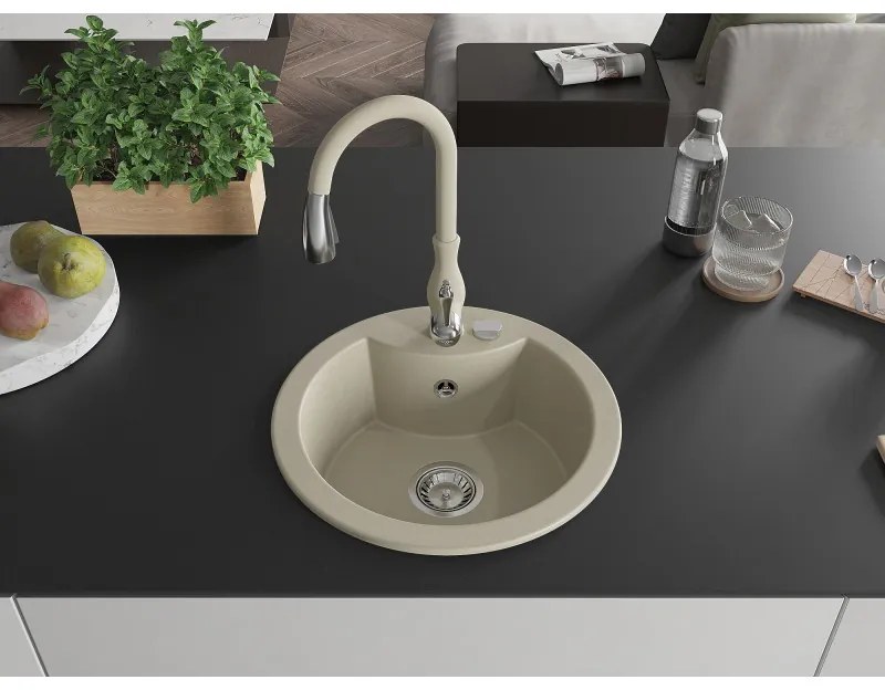 Mexen Diego, 1-komorový granitový drez 488x488x167 mm a drezová batéria Savita, béžová, 6512-69-672601-69