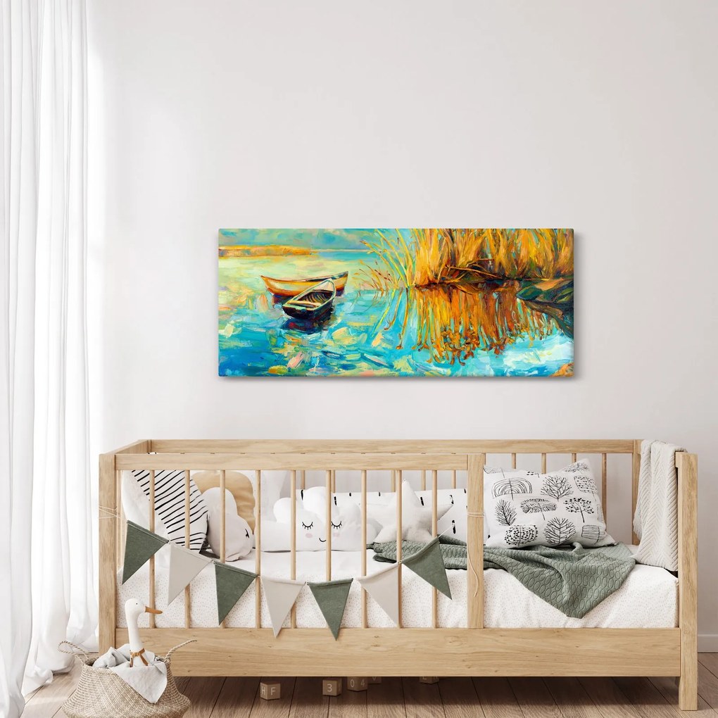 Obraz - Jazero s loďkami (120x50 cm)
