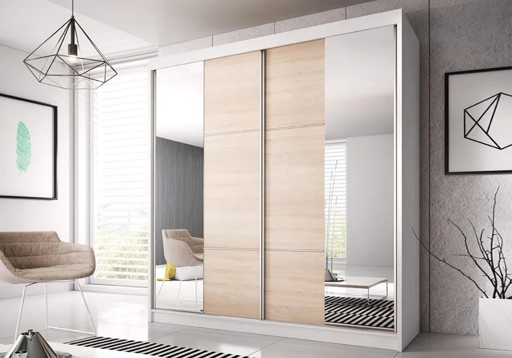 Šatníková skriňa s posuvnými dverami Multi 36 - biela / dub sonoma - 233 cm