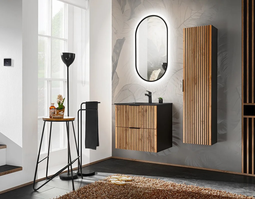Závěsná umyvadlová skříňka Casad II s deskou a umyvadlem 80 cm černá/dub wotan