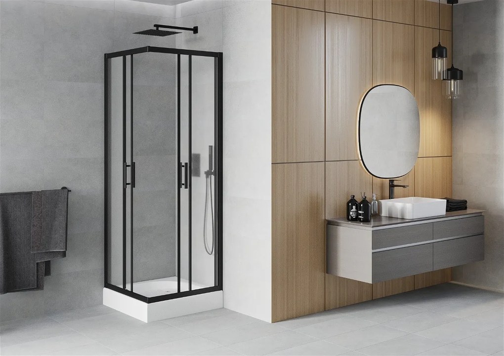 Mexen Rio, štvorcový sprchovací kút s posuvnými dverami 70 (dvere) x 70 (dvere) x 190 cm, 5mm sklo námraza, čierny profil + biela sprchová vanička RIO, 860-070-070-70-30-4510