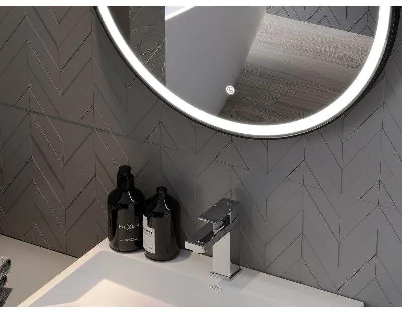 Mexen Reni, LED kúpeľňové zrkadlo s podsvietením 90x90 cm, 6000K, čierny rám, ochrana proti zahmlievaniu, 9812-090-090-611-70