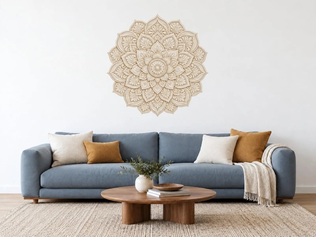 Krémová mandala plastická textilná preliepateľná dekorácia na stenu arch 46 x 46 cm