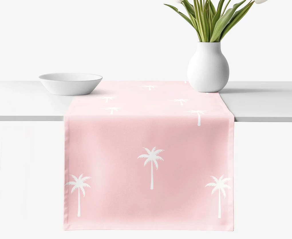 Goldea behúň na stôl 100% bavlnené plátno - palmy na pastelovo ružovej 35x160 cm