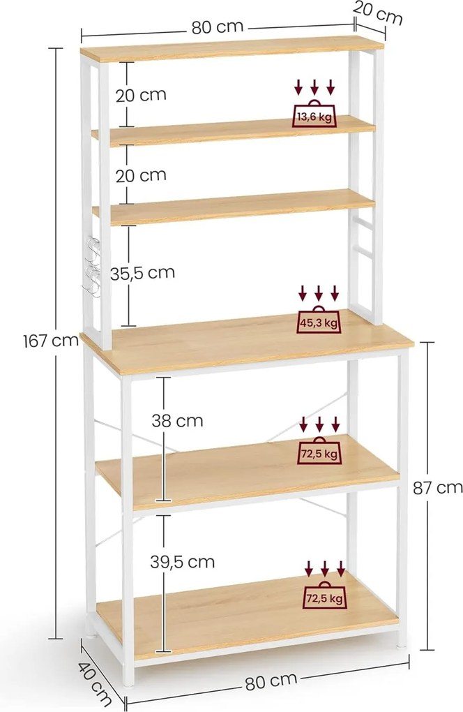 Regál do kuchyne, Stojan na mikrovlnku, 6 políc a 6 hákov, farba dub a biela