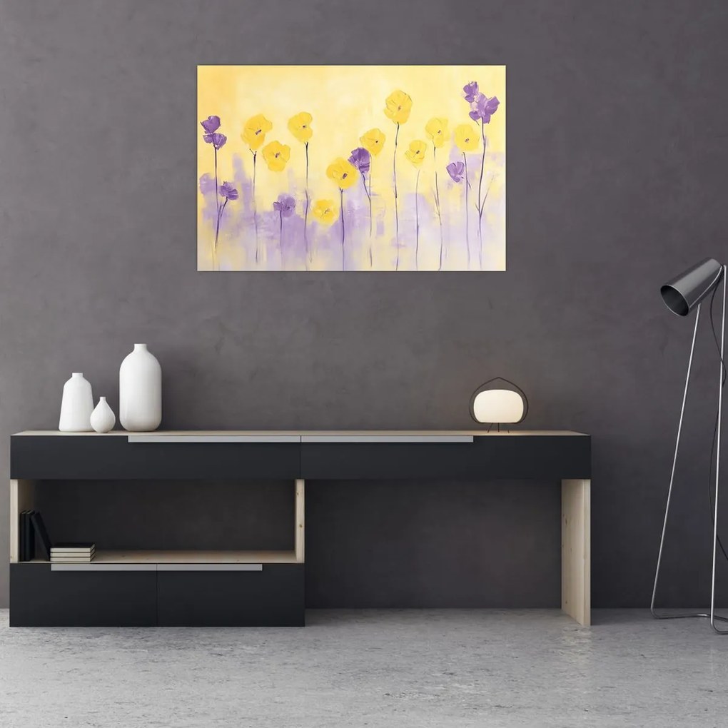 Obraz - Fialové a žlté kvietky (90x60 cm)