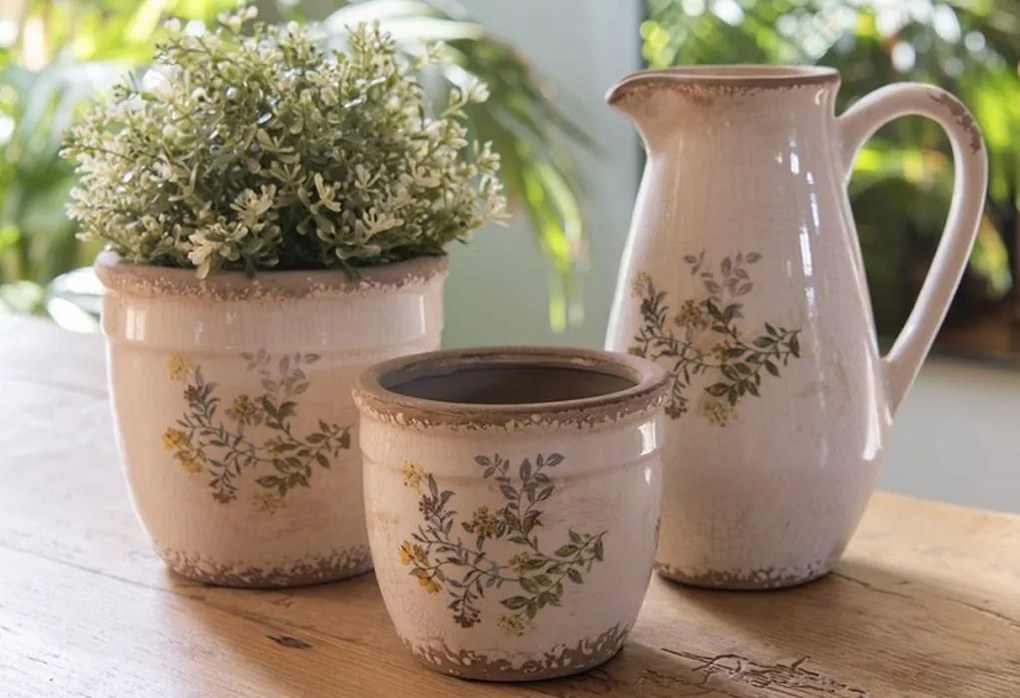 Béžový keramický obal na kvetináč so žltými kvetmi S - Ø 13*11 cm