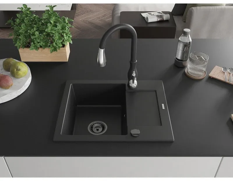 Mexen Enzo, 1-komorový granitový drez 576x465x174 mm a drezová batéria Savita, čierna, 6506-77-672601-70-B