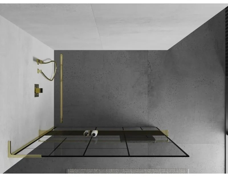 Mexen Kioto+ L, sprchová zástena Walk-In s poličkou a vešiakom 120 x 200 cm, 8mm číre sklo čierny vzor, zlatý lesklý profil,800-120-123-50-78
