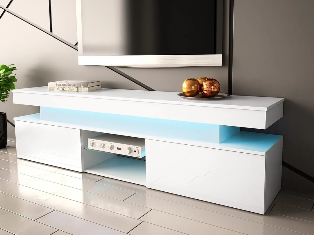 TV stolík/skrinka s LED osvetlením Lestirola 2D 190, Farba: biela / biely lesk
