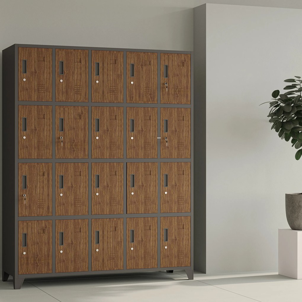 Šatňová skrinka s 20 priehradkami na nožičkách, antracitová/orechová, 1360x1720x450 mm: ROBERT Eco Design