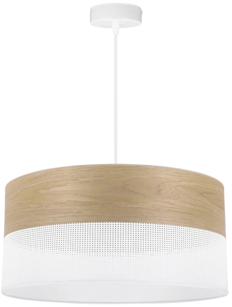Závesné svietidlo Wood, 1x dýha zlatý dub/biele PVC tienidlo, (fi 44cm)