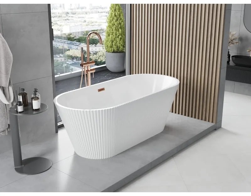 Mexen Yara, voľne stojaca ryhovaná vaňa 170 x 75 cm, biela lesklá, medený matný prepad, 52861707500-65