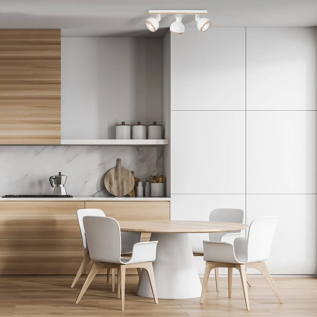 Bodové svietidlo Oval, 3x drevené/biele kovové tienidlo, w/drevo